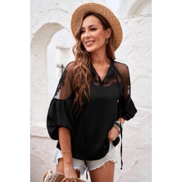 Boho Chic Black Lace Long Sleeve Blouse - Picture 3 of 8